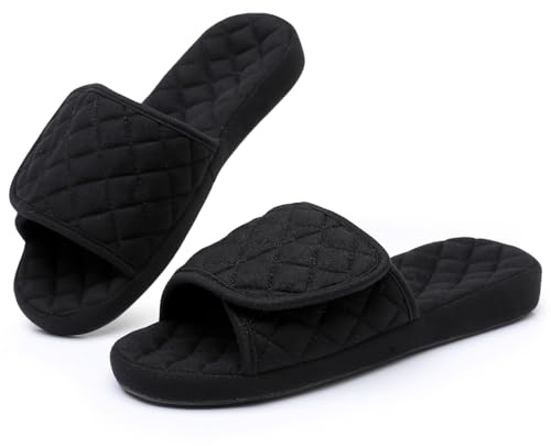 MISSRAIN Women’s Diabetic Arch Support Slippers, Open Toe Adjustable Slip-on House Shoes, Rubber Sole Flat Slippers for Indoor Outdoor (Black, Adult, Women, 6, Numeric, UK Footwear Size System, Wide)