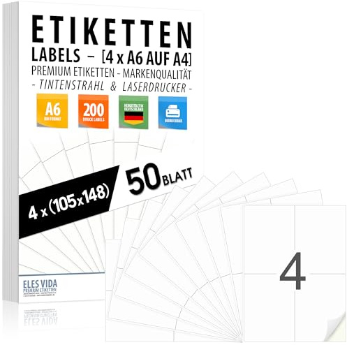Etiketten 105 x 148 mm (4 x DIN A6 auf DIN A4) - 50 Blatt - 200 Etiketten | Selbstklebende matte weiße Oberfläche, Tinten- und Laserdrucker, (Inkjet & laser) Ideal als Versandlabels, MADE IN GERMANY