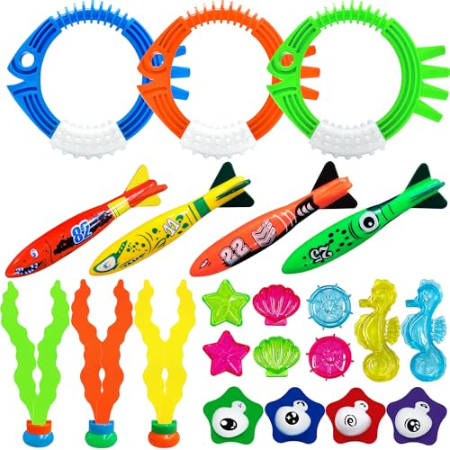 22Pcs Swimming Pool Toys with Dive Sticks Fish Toy Diving Seaweed, Sinkers for Swimming Kids Water Toys for Summer, Includes Carrying Bag
