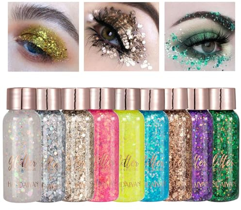 Owelth 9 Stück Body Glitter Gel, Mermaid Sequins Chunky Glitter Liquid Gel, Glitzer Gesicht Körper, Glitzer Schminke für Masquerade Weihnachten Festival Partydekoration Long Lasting Sparkling