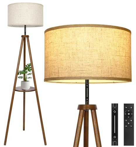 Outon Golvlampa trä treben, modern dimbar golvlampa med fjärrkontroll och touchkontroll, 4 färgtemperaturer, 1 H timer, golvlampa med hylla och linne lampskärm för sovrum, vardagsrum, kontor