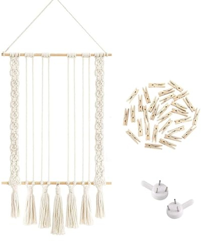 LadjproR Boho Fotowand Collage mit Holzklammern Handgefertigte Makramee-Fotorahmenwand mit Fransen Boho Wanddekoration für Wohnkultur, Schlafzimmer (D)