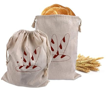 Homeily Leinen-Brotbeutel, 2 Stück wiederverwendbare natürliche ungebleichte Leinen Brot Lagerung Taschen Kordelzug Brot Tasche für Sauerteigbrot, Obst, Gemüse, 28 x 43cm.