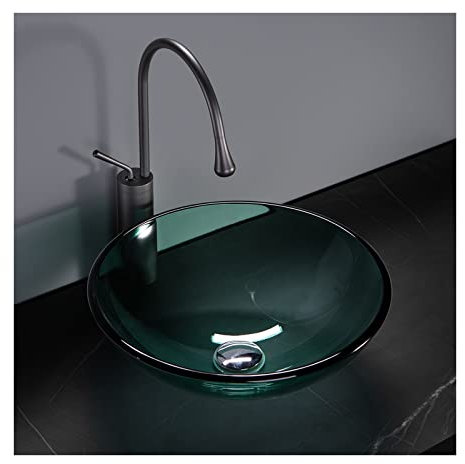 JYBNBBE Lavabo de baño Verde, Juego de Lavabo Redondo de 17, combinación artística de Lavabo de Vidrio Templado, A