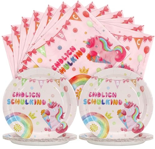 Joxessaien 40 Stück Einhorn Schulanfang Pappteller Set, Partygeschirr Einschulung Mädchen, 20 Pappteller + 20 Servietten für Einschulungsfeiern