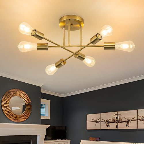 CBJKTX Deckenlampe Vintage Deckenleuchte E27 - Gold 6 Flammig Flurlampe | Industrial Küchenlampe Retro aus Metall Schlafzimmerlampe für Schlafzimmer Küche Esszimmer Wohnzimmer (ohne Leuchtmittel)