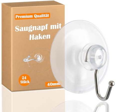 FYOJAIC Saugnapf mit Haken, 24 Stück Ø 40 mm Saughaken, Saugnäpfe für fenster, camping, bad | Ideal als Handtuchhalter und für Lichterkette