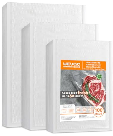 Wevac Core Sac Sous Vide Alimentaire Pack Mix – 100 Pcs (15×20/20×30/28×40) – Ultra Résistants Anti-Perforation – 5 Feuilles Incluses – Multi-Tailles pour Tous Aliments