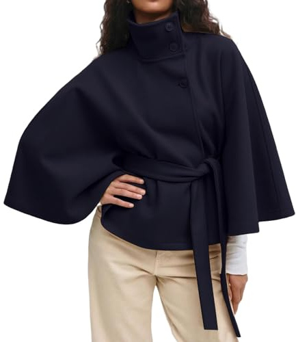 Cocila Ponchos à Manches Chauve Souris Pour Femmes Manteau En Laine Col Montant Ceinture Cape Veste D'hiver Courte Long Chic (Blue S) Veste Legere Mi Saison Moto Ete Only Court Sport
