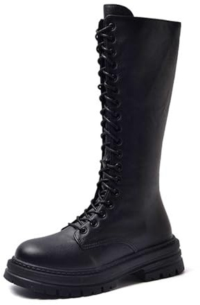Feizikaw Botas de equitación para mujer Botas de media pantorrilla piel ante, botines invierno con cordones, cómodas, tacón grueso y plataforma, informales.