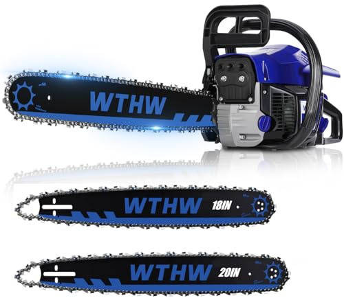 WTHW 58 cc Gas Powered Chainsaw, 20 in & 18 in Quick-Switch Bars – 550 ml Fuel 260 ml Oil Tanks, Automatic Chain Oiler, Centrifugal Air Filter, Quick Start, Inertial Chain Brake (Blue)