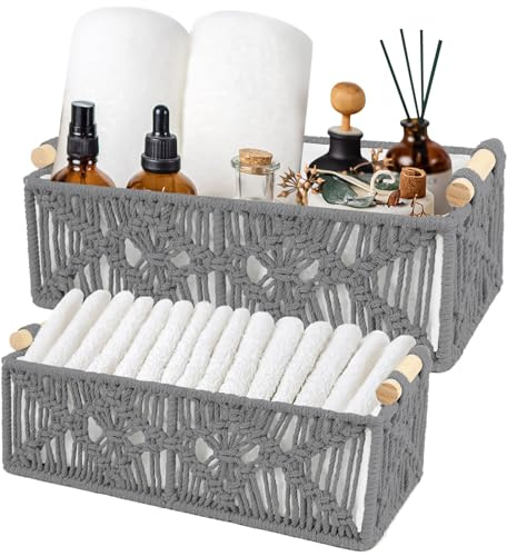 Set di 2 Cesto Portaoggetti Intrecciato, Impilabile Organizer Armadio con Maniglia, Ceste Portaoggetti Rattan, Cesto Vimini Intrecciato per Camerette, Cassetti, Cucine, Bagno, Soggiorno