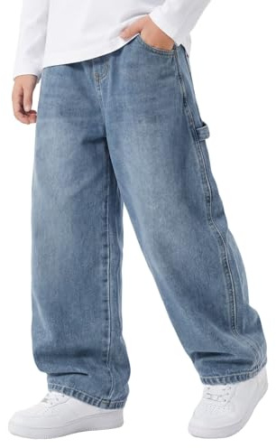 Keyck Jeans Ragazzo Baggy Loose Fit Pantaloni con Vita Elasticizzata Tasche Multiple Bambino Lunghi Denim Pants Moda Streetwear Casual Stretch Vintage Jeans per Ragazzi 7-8 Anni, Blu