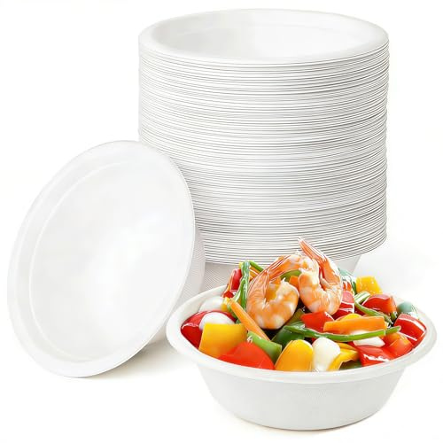 Coztie Suppenschüssel, 100 Stück Einwegschalen 620 ml Suppenschalen Einweg, Zuckerrohr Bagasse Einwegschalen, Kompostierbar für BBQs Party und Picknick Pappschüsseln (Weiß, 620ml)
