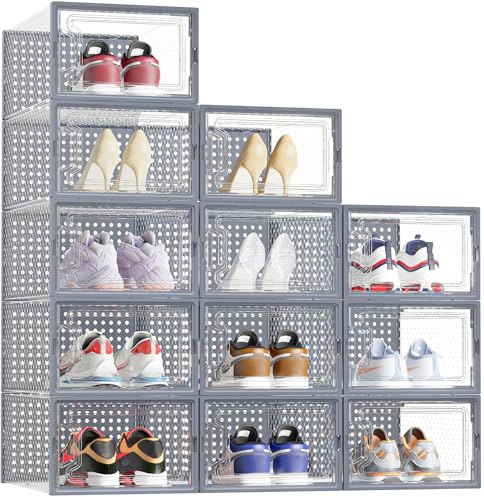 Schuhboxen, 12er Set Schuhkarton Stapelbar Transparent Schuhorganizer | Faltbar Schuhaufbewahrung für Schuhe bis Größe 45, Grau