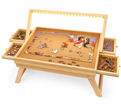 Gr8 Home LED Puzzle Table with Drawers, 1000 Piece Jigsaw Board, Wooden Puzzle Table with Storage Trays & LED Light, Raised Puzzle Board for Adults, Portable Puzzle Table