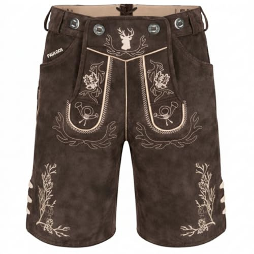 PAULGOS Herren Trachten Lederhose HK3 + Träger, Echtes Leder, Größe 54, Dunkelbraun