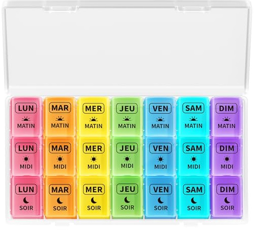 Opret Pilulier Semainier 7 Jours Matin Midi Soir 21 Compartiments - Coloré | Boîte à Médicaments, Grande Capacité, 7 Jours 3 Fois, Pilulier Voyage, pour Vitamines Suppléments Pilules
