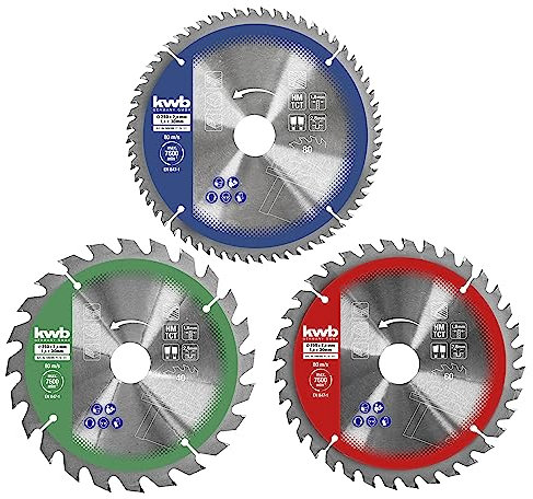 kwb 589399 Kreis-Sägeblatt-Set für Handkreis-Sägen bzw. Zug-Kapp-Gehrungssägen, f. Platten-Werkstoffe u. Baustoffe aus Holz inkl. Reduzier-Ringe auf 16 u. 25 mm, Rot, 250 x 30/25/16 mm