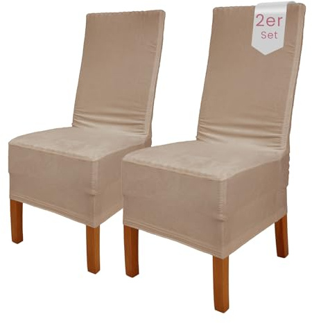 Scheffler Home Stuhlhussen Samt Stein-Beige 2er Set Puma | Weiche Velours-Stuhlbezüge, elastisch und waschbar, für Hochlehner, Polsterstühle und Esszimmerstühle