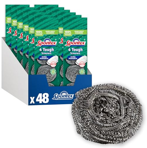 Spontex Tough Kitchen Scourers | Wire Wool Pan Scourers | 90% Recycled Rust-Free Stainless Steel | Cleans Ovens, BBQs, Glass Dishes & Jugs | 48 Count