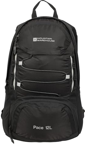 Mountain Warehouse Pace 12L Rucksack - Lightweight Backpack, Hydration Compatible Small Rucksack, Ripstop, Padded Airmesh Back, Webbing Trim - For Men & Women Black