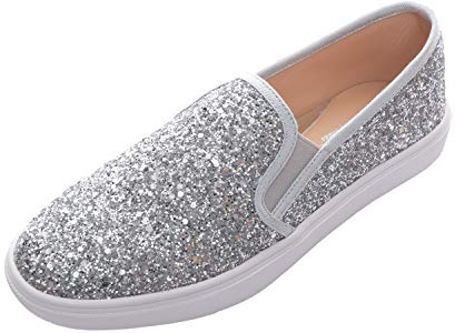 FEVERSOLE Women's Fashion Slip-On Sneaker Casual Flat Loafers Silver Pure Size 8.5 M US