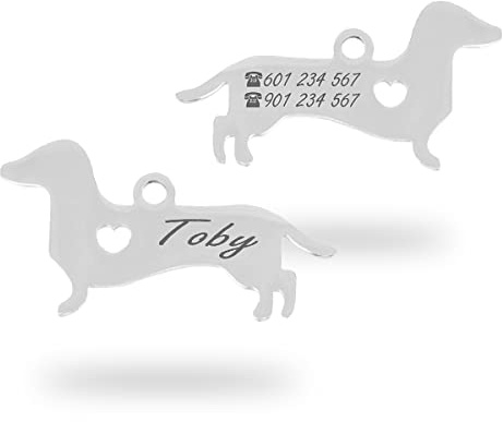 Ibera gifts - Hundemarke mit Gravur, personalisiert, in Form eines Dackels, Edelstahl, 30x16 mm