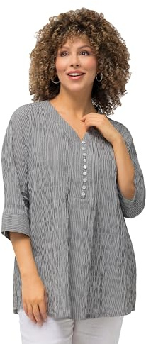 Ulla Popken Damen große Größen Übergrößen Plus Size Tunika, Streifen, Biesen, Bubble-Struktur, 3/4-Arm schwarz 62+ 797456100-62+