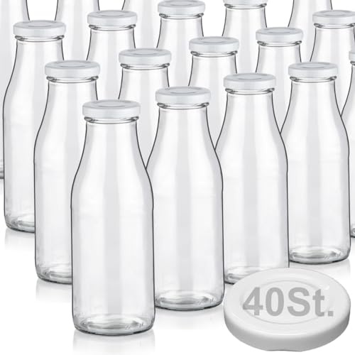 Geniess-Bar! 20 Milchflaschen 500ml mit 40 Deckel BPA frei Saftflaschen Glasflaschen 0,5L auch mit 2/4/6/9/12 Flaschen Weithalsflaschen leer zum Befüllen Schraubdeckel