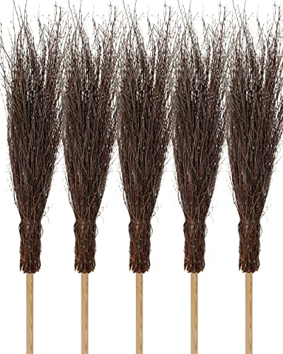 Agrarflora 5X Strauchbesen aus Birkenreisig mit 5 Stielen 140cm - Handgefertigt & 3-Fach gebunden - Reisigbesen, Hexenbesen, Reiserbesen - Kehrbesen aus Birkenzweigen - Birkenbesen - 5 Stück