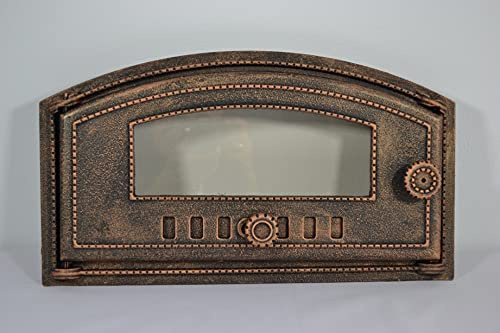 SEZAM Porta del forno in ghisa con piano in vetro resistente al calore, apertura a sinistra, porta del forno per pizza – forno per il pane, 48,5 x 6,5 x 27,5 cm, pittura semicircolare color rame