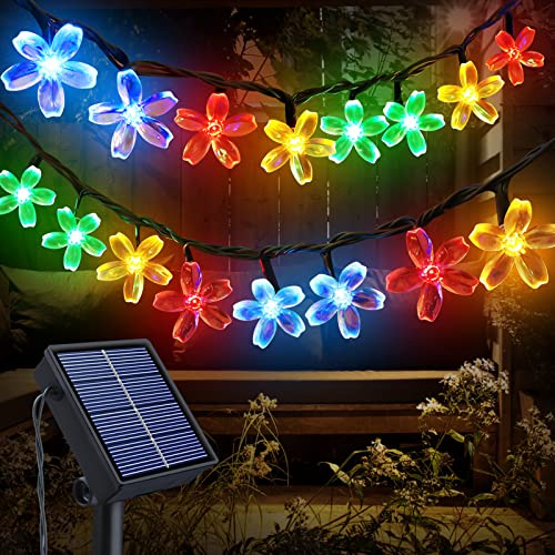 Fohil Catena Luminosa Solare, 12M 100 LED Fiori di Ciliegio Luci Solari Esterno 8 Modalità IP65 Impermeabile Luci Decorative per Natale Esterno Interno Giardino Festa Natale Halloween Decorazione