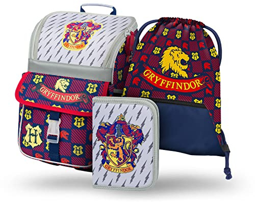 Baagl Schulranzen Jungen Mädchen Set 3 Teilig, Zippy Schultasche für 1. Klasse, Grundschule Ranzen Tornister mit Brustgurt, Ergonomischer Schulrucksack (Harry Potter Gryffindor)