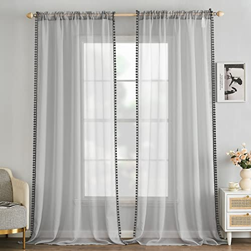 MIULEE Voile Gardine Pompons Stangendurchzug 2er Set B140 H225 Grau | Luftige Voile-Gardine mit Pompons und Stangendurchzug, kinderfreundliches Design, dekorativ für, Schlafzimmer und Wohnzimmer