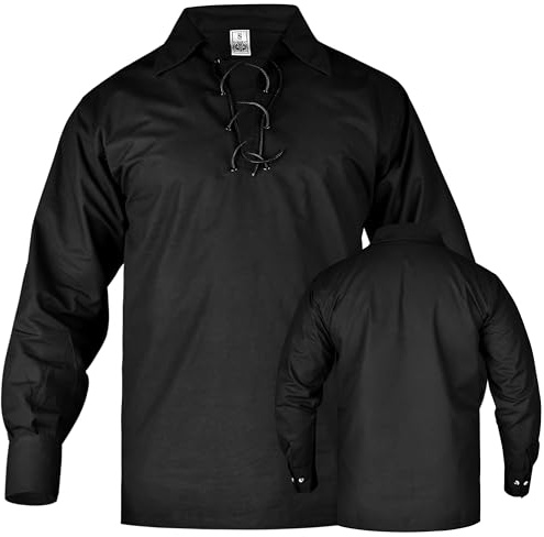 H HIGHLAND REDSTONE Jacobite Shirt for Men Scottish Ghillie Kilt Shirt Long Sleeve Lace Up Medieval Renaissance Pirates Shirt (UK, Alpha, M, Regular, Regular, Black)