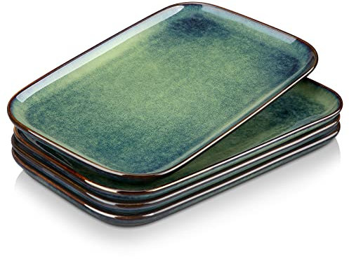 vancasso Serving Platters Set de 4, Plato Rectangular de Gres, 28cm Platos Rectangulares para La Cena, Fiesta, Ensalada, Postres, Verde
