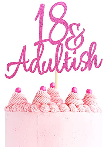 Arthsdite 18 & Adult-ish Cake Topper, 18 and Adultish Cake Pick, Time to Adult/Eighteen Birthday Cake Decor, Happy 18th Birthday Party Decoration Supplies - Pink Glitter