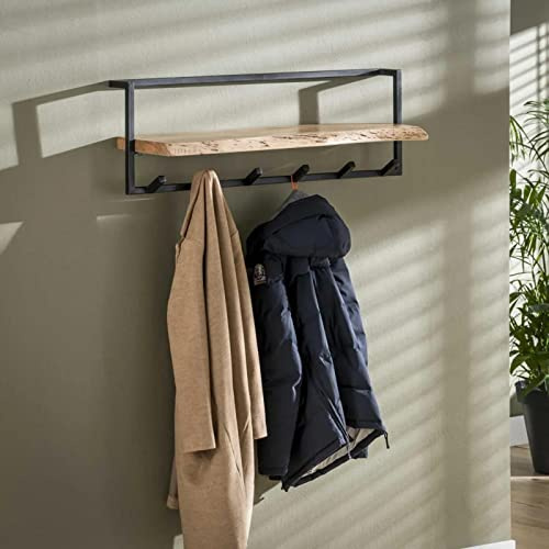 RINGO-Living Wandgarderobe mit Ablage - Vintage Kleidergarderobe aus massiven Natur Holz - Rustikales Wandregal für den Flur - Schmale Kleider Garderobe mit 6 Haken für Deine Jacken Mäntel & Schals