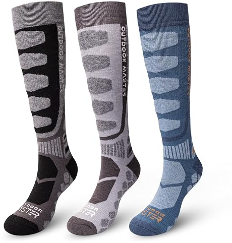 OutdoorMaster 3 Paar Unisex Merinowolle Skisocken für Damen & Herren, OTC Design/Anti-Rutsch-Bündchen Atmungsaktive Winter Compression Thermal Socken für Skifahren, Snowboarden, Outdoor-Sport