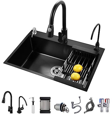 KELINGOUD Fregadero de cocina negro, de acero inoxidable con 1 cuenco, fregadero de instalación empotrada/superficial con accesorios deslizantes, fregadero de cocina de estilo rústico con varios