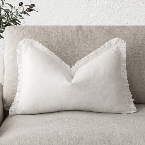 Foindtower Decorative Linen Fringe Lumbar Throw Pillow Covers Cozy Boho Farmhouse Cushion Cover with Tassel Soft Accent Pillowcase for Sofa Bed Living Room Home Decor, 12×20 Inch, 1PC, Cream White
