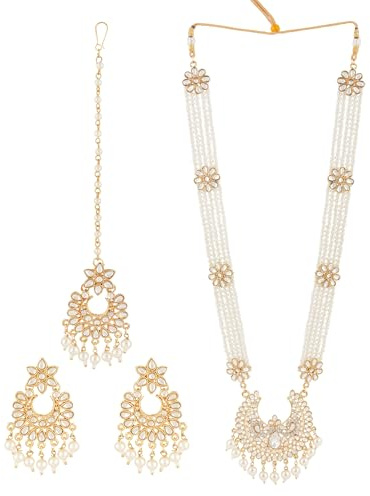 Jwellmart Indian Ethnic Traditional Gold Plated Faux Pearl CZ Stone Rani Haar Necklace Earrings Jewelry Set for Women (Gold)