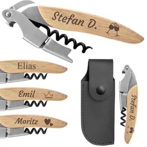 KDO MAGIC - Personalisierter Korkenzieher aus rostfreiem Stahl (Wein) | Geschenkidee für Männer, Vatertag, Papa, Geburtstag | Gravierter Vorname | Sommelier-Korkenzieher aus Holz | Flaschenöffner
