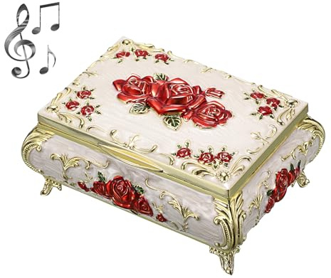 ELLDOO Vintage Music Box, Beige Metal Musical Jewelry Box Keepsake Box, Small Trinket Jewelry Storage Box Gift for Girl Women (Tune: You are My Sunshine), Red Rose Pattern