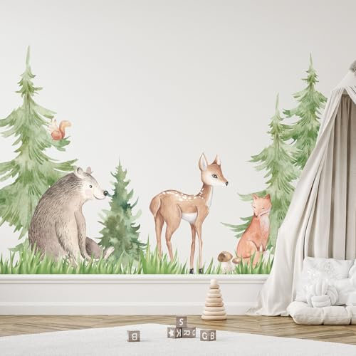 Unik Nordic Wandsticker Waldtiere Landschaft Motiv C, M - 43 x 50 cm, Aufkleber für die Wand, Wandtattoo rückstandslos entfernbar, Wanddekoration für Kinderzimmer und Babyzimmer, Wandaufkleber Tiere