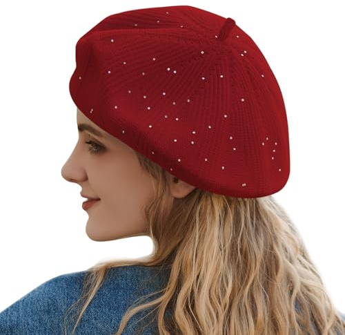Gajaous Strickbarett für Damen, französisches Barett mit kleinen Glitzer-Pailletten, stilvolles einfarbiges Barett für Frauen