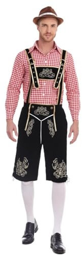 Gyaimxfu 2024 Oktoberfest Herren Outfit Komplett Set Kariertes Hemd + Hose + Trachtenhut 3 Teiliges Traditionelle Bierfest Kleidung Latzhose Trachten Lederhose Trachtenhemd