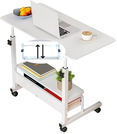 JANDTEK Mesa Portátil para Ordenador con Ruedas – Escritorio Auxiliar Regulable en Altura – Mesa Pequeña con Estante Inferior para Espacios Reducidos (Blanco 60 x 40)