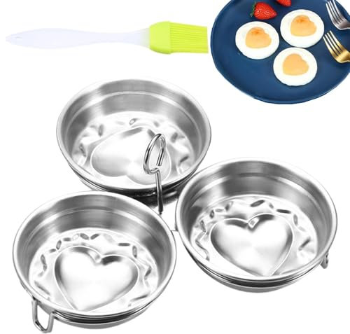 Pocheuse à œufs en acier inoxydable, poêle pour œufs pochés, 3 moules à œufs en acier inoxydable – Vapeur à œufs antiadhésif avec support, cocotte à œufs de cuisine avec brosse pour cuiseur vapeur au